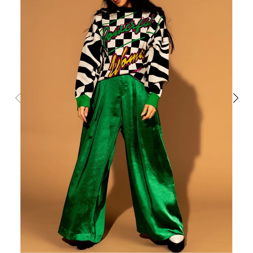Dressed in LaLa Luxe Satin Trousers in Emerald